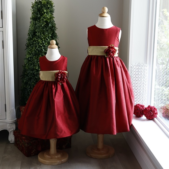 Red Sleeveless Silk Dress Gold Sash Girls 2T Special Occasion Flower Girl NWOT - Picture 6 of 6